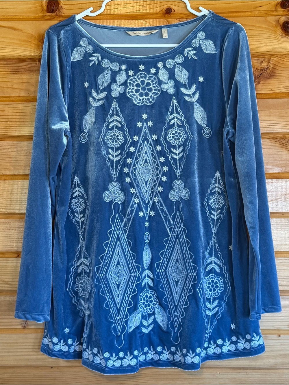 Soft Surroundings Blue Velvet Embroidered Long-Sleeve Tunic